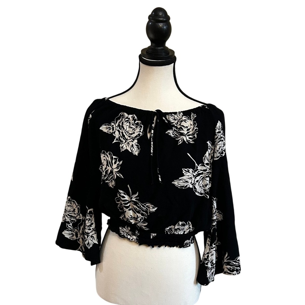American Rag Black Floral Tie Neck Blouse Bell Sleeve Crop Top - M